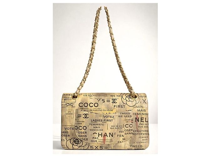 CHANEL 15S GRAFFITI SAC CLASSIQUE MOYEN DOUBLE PLIAGE Noir Blanc Beige Doré Métallisé Gris anthracite - vue 6