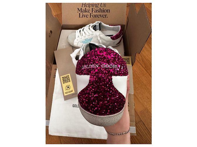 Golden Goose Sneaker basse Superstar in pelle bianca e paillettes Rosa Bianco Blu - vista 7