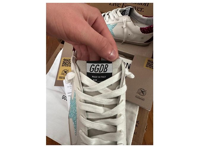 Golden Goose Sneaker basse Superstar in pelle bianca e paillettes Rosa Bianco Blu - vista 8