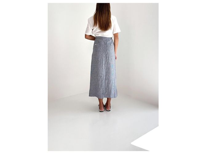 Max Mara Gonna Lunga in Lino Blu Micro Pied-de-Poule - vista 5