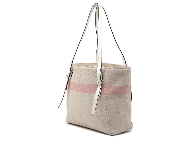 Borsa tote in tela beige con strisce e logo Prada - vista 2