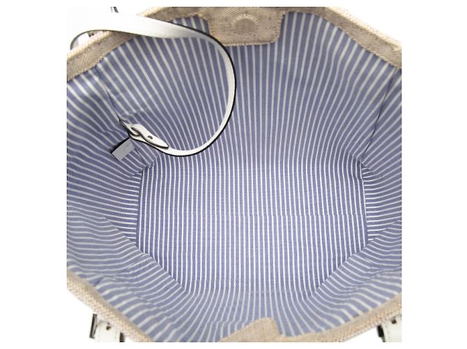 Borsa tote in tela beige con strisce e logo Prada - vista 4