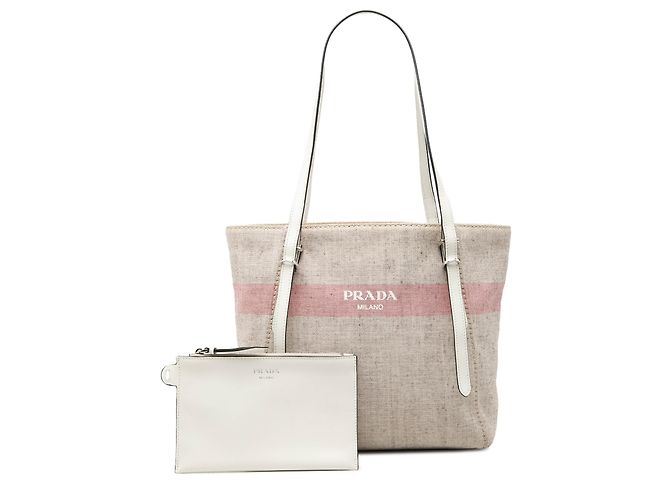 Borsa tote in tela beige con strisce e logo Prada - vista 7