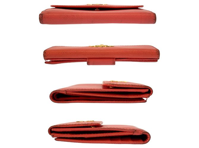 Billetera compacta de cuero Prada con logo, hardware dorado naranja - vista 10