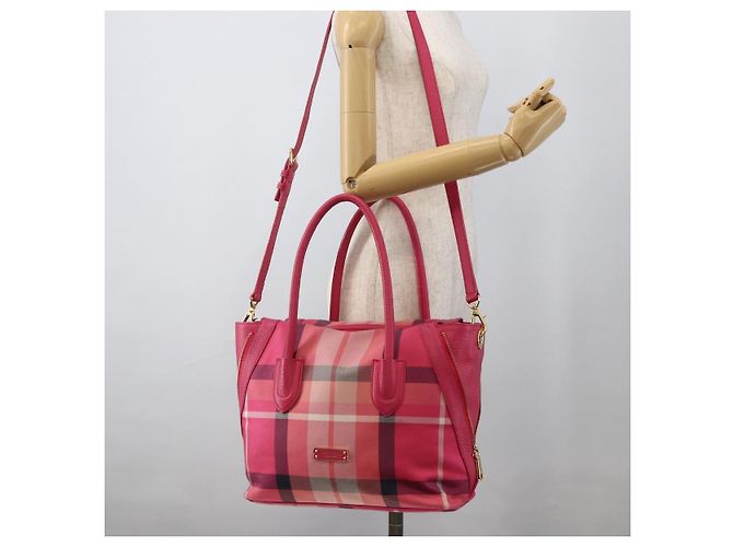 Autre Marque CB CHECK TASCHEN AUS CANVAS UND LEDER BLUE LABEL CRESTBRIDGE 2-WAY ROSA GOLD Auth 174708A Pink Golden - Ansicht 26