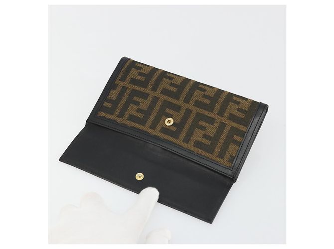 FENDI Cartera Larga de Lona Zucca Negra Marrón Auth am11263A Castaño Negro - vista 8