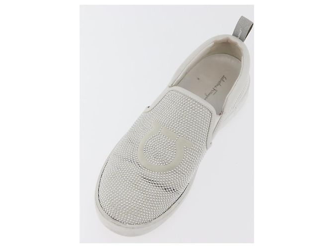 Salvatore Ferragamo Gancini Slipon Pelle 5 1/2 D Argento Auth 174632A - vista 6