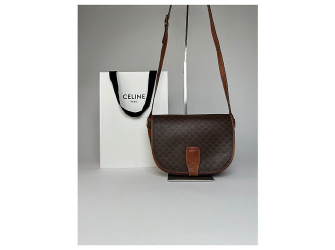 Céline Vintage Celine Paris Triomphe Monogramm Leder Schultertasche Braun - Ansicht 12