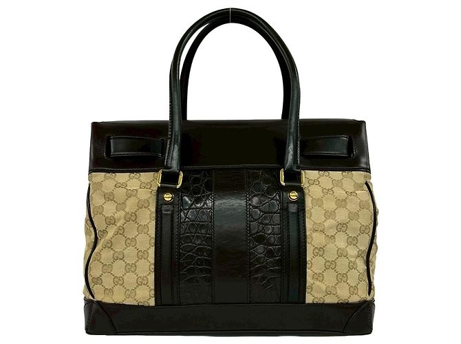 Bolso tote de cuero con estampado de cocodrilo GG Canvas de Gucci Castaño Beige - vista 3