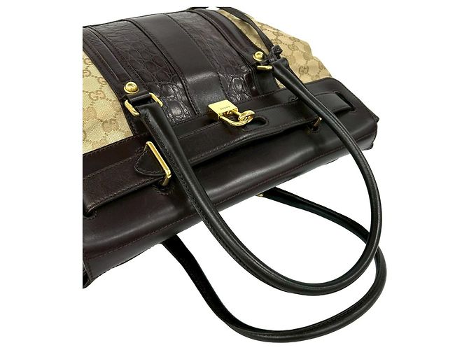 Bolso tote de cuero con estampado de cocodrilo GG Canvas de Gucci Castaño Beige - vista 4