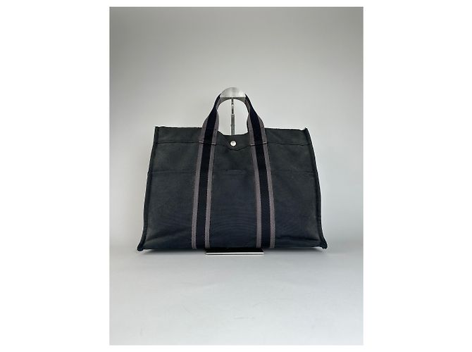 Vintage Hermès Canvas Tote Bag Schwarz Grau - Ansicht 12