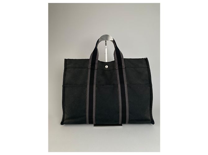 Vintage Hermès Canvas Tote Bag Schwarz Grau - Ansicht 2