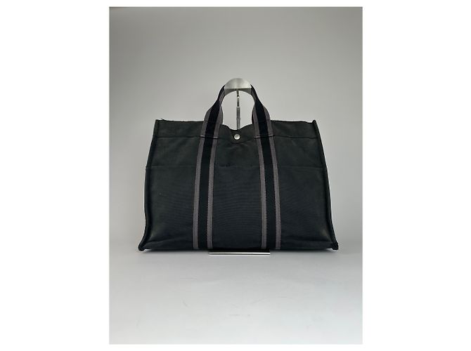 Vintage Hermès Canvas Tote Bag Schwarz Grau - Ansicht 9