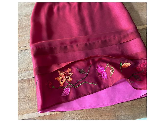 Falda recta de organza de seda bordada Kenzo Jungle T.34-36 Rosa Roja Verde Burdeos Amarillo - vista 12
