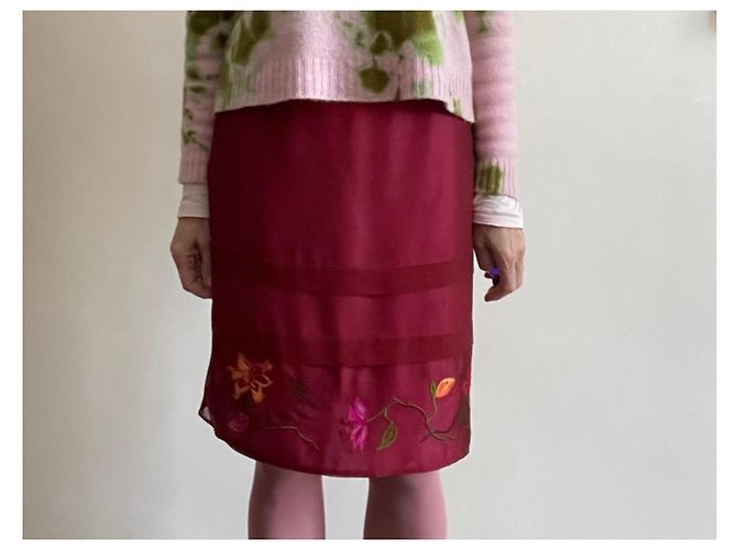 Falda recta de organza de seda bordada Kenzo Jungle T.34-36 Rosa Roja Verde Burdeos Amarillo - vista 13