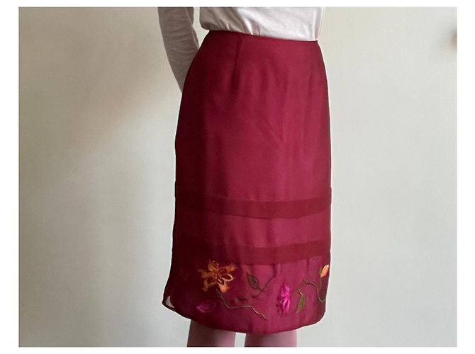 Falda recta de organza de seda bordada Kenzo Jungle T.34-36 Rosa Roja Verde Burdeos Amarillo - vista 2