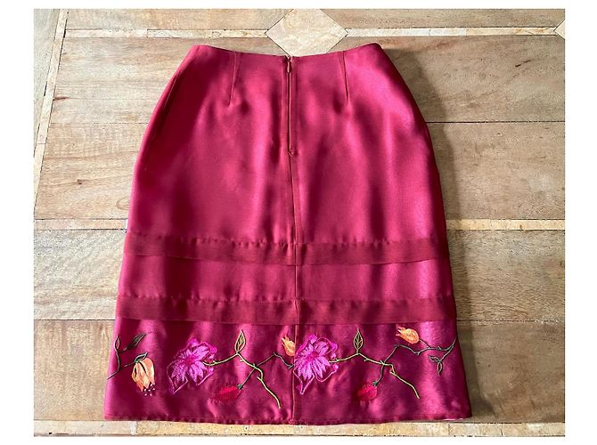 Falda recta de organza de seda bordada Kenzo Jungle T.34-36 Rosa Roja Verde Burdeos Amarillo - vista 3