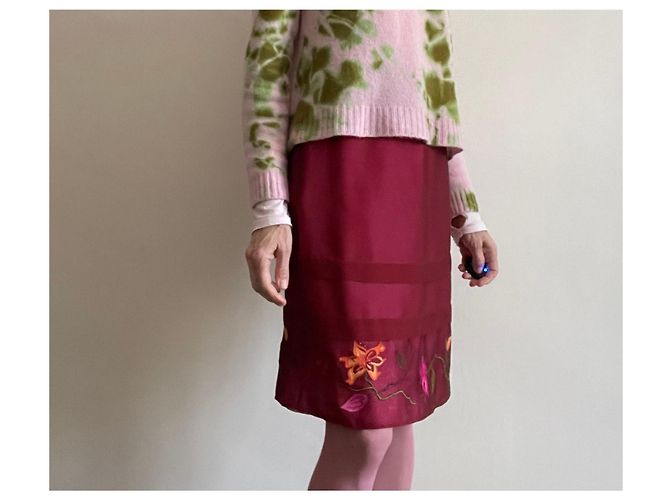 Falda recta de organza de seda bordada Kenzo Jungle T.34-36 Rosa Roja Verde Burdeos Amarillo - vista 6