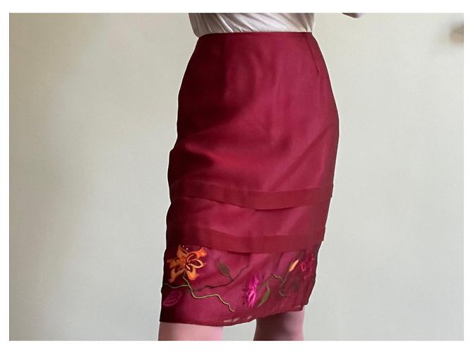 Falda recta de organza de seda bordada Kenzo Jungle T.34-36 Rosa Roja Verde Burdeos Amarillo - vista 7
