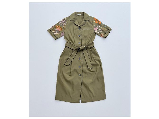 Robe chemise Dries Van Noten kaki brodée fleurs - vue 2