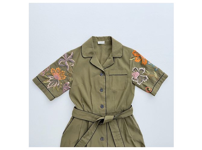 Robe chemise Dries Van Noten kaki brodée fleurs - vue 5