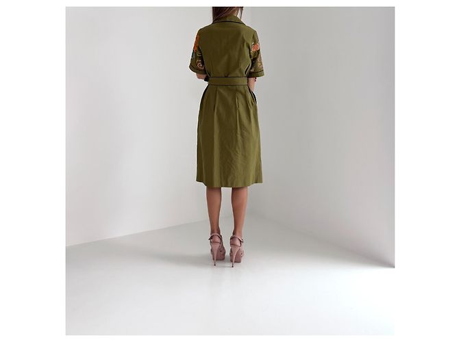 Robe chemise Dries Van Noten kaki brodée fleurs - vue 7