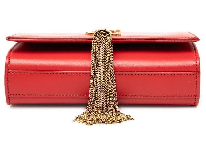 Saint Laurent Rosso Piccolo Crossbody in Pelle di Vitello Liscia Monogramma Kate con Frangia - vista 3