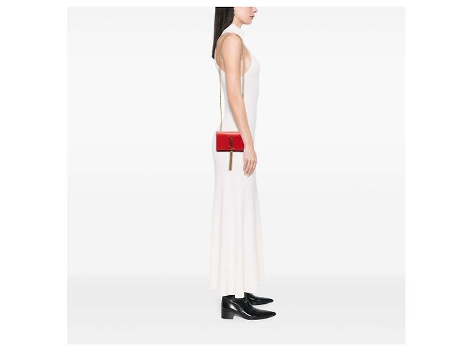 Saint Laurent Rosso Piccolo Crossbody in Pelle di Vitello Liscia Monogramma Kate con Frangia - vista 7