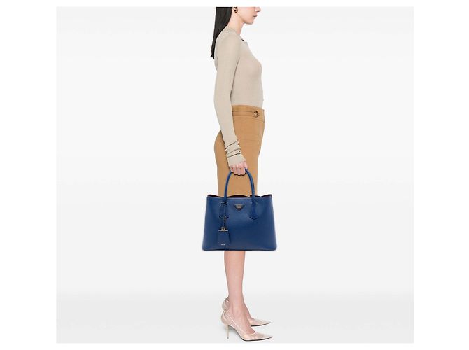 Prada Borsa doppia media in pelle Saffiano blu - vista 6