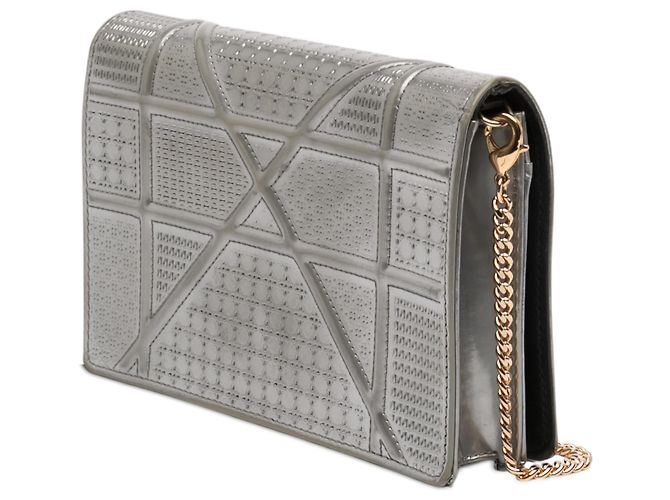 Dior Silver Metallic Patent Microcannage Diorama Wallet on Chain - view 2