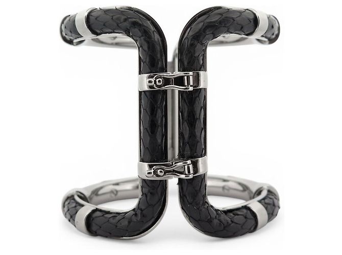 NEUES LANVIN ARMBAND MANCHETTE 16CM SCHWARZ PYTHONLEDER PALLADIUMSTAHL - Ansicht 2
