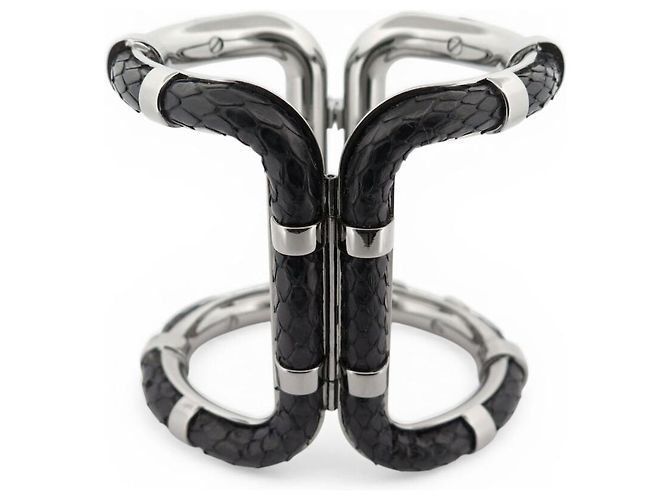 NEUES LANVIN ARMBAND MANCHETTE 16CM SCHWARZ PYTHONLEDER PALLADIUMSTAHL - Ansicht 4
