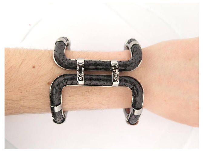 NEUES LANVIN ARMBAND MANCHETTE 16CM SCHWARZ PYTHONLEDER PALLADIUMSTAHL - Ansicht 7