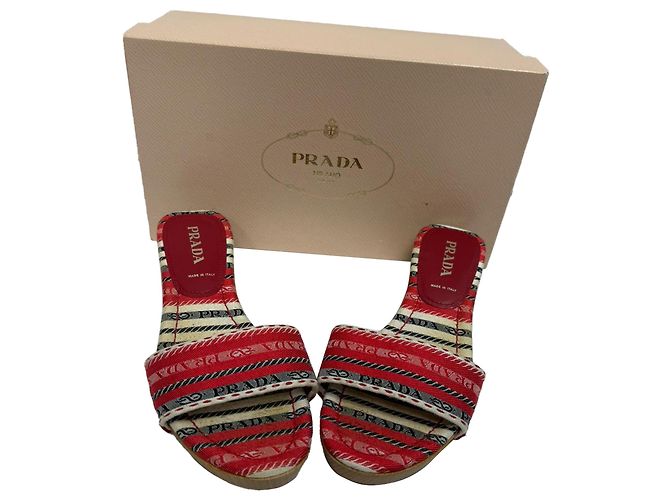 Sandali Mule in Legno a Motivo Prada in Cotone Multicolore - vista 10