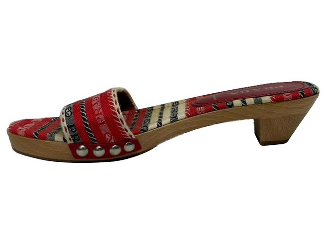 Sandali Mule in Legno a Motivo Prada in Cotone Multicolore - vista 4