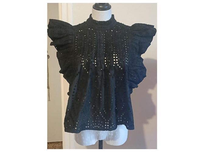 Top Ganni de algodón negro con bordado inglés - vista 7
