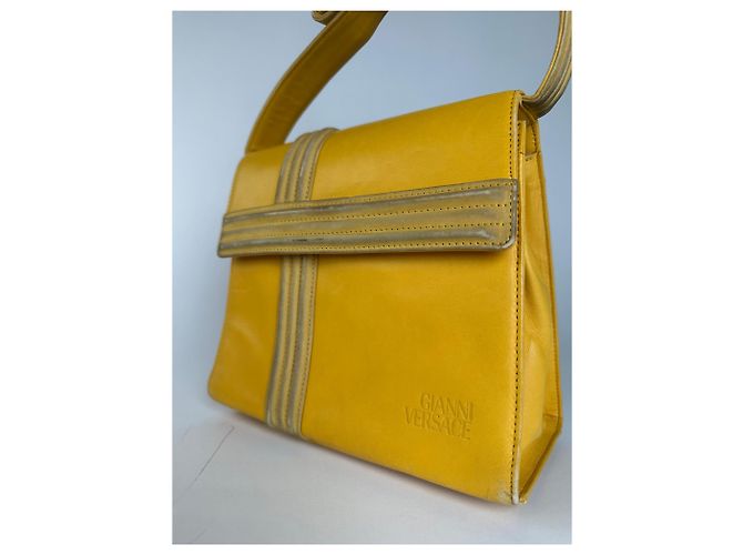 Vintage Gianni Versace Lederhandtasche Gelb Grau - Ansicht 8