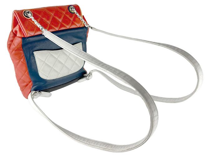 Autre Marque Chanel Rucksack aus Lammleder Schwarz Weiß Orange Marineblau - Ansicht 10