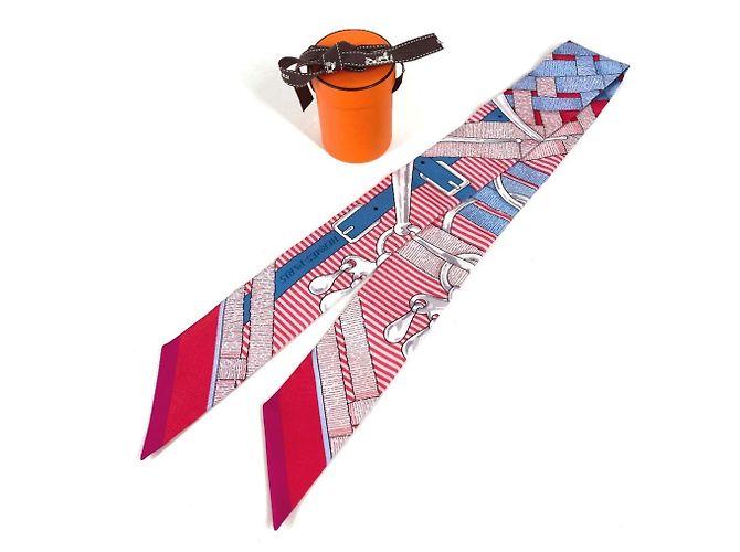 Hermès Foulard Twilly HERMES in seta azzurro chiaro e rosso Blu chiaro - vista 11