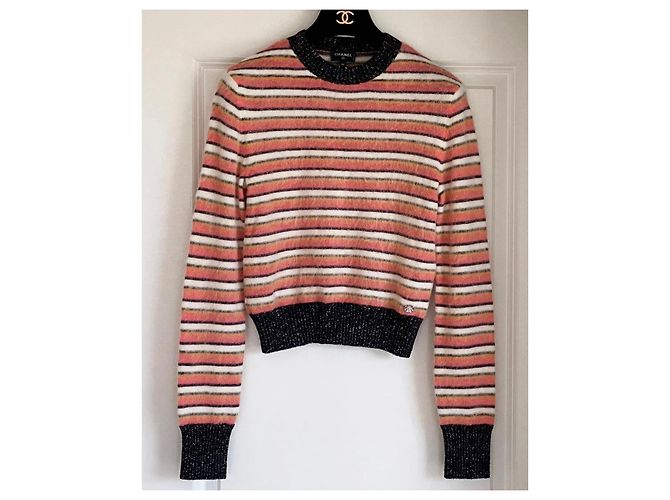 Pull en maille rayé Chanel Noir Rose Blanc Jaune - vue 2