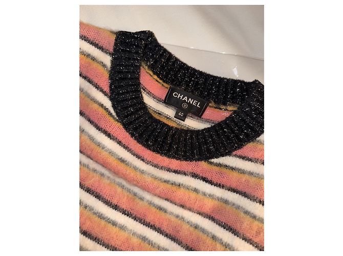 Pull en maille rayé Chanel Noir Rose Blanc Jaune - vue 4