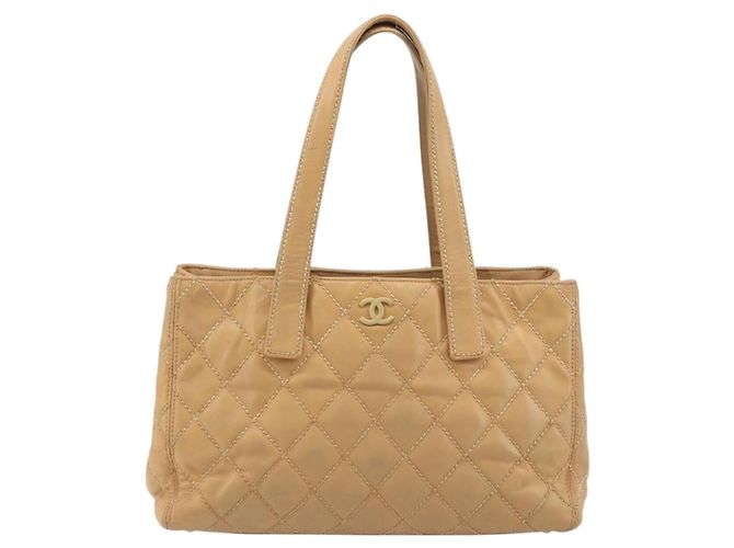 CHANEL Borsa a Mano Wild Stitch Pelle Beige Oro CC Auth AMZ064 D'oro - vista 13