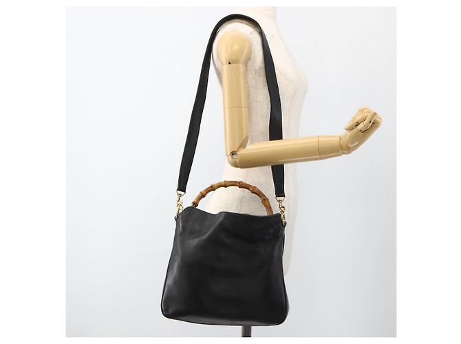 Borsa a Spalla in Pelle Gucci Bamboo 2way Nera Oro 001 1705 1638 Auth YKZ462 Nero D'oro - vista 23