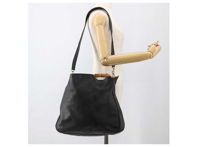 Borsa a Spalla in Pelle Gucci Bamboo 2way Nera Oro 001 0166 1577 Auth YKZ947 Nero D'oro - vista 23