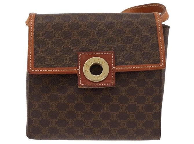 Céline Bolsa de ombro circular em lona Macadam CELINE em couro PVC marrom e dourado Auth BAZ798 - vista 13