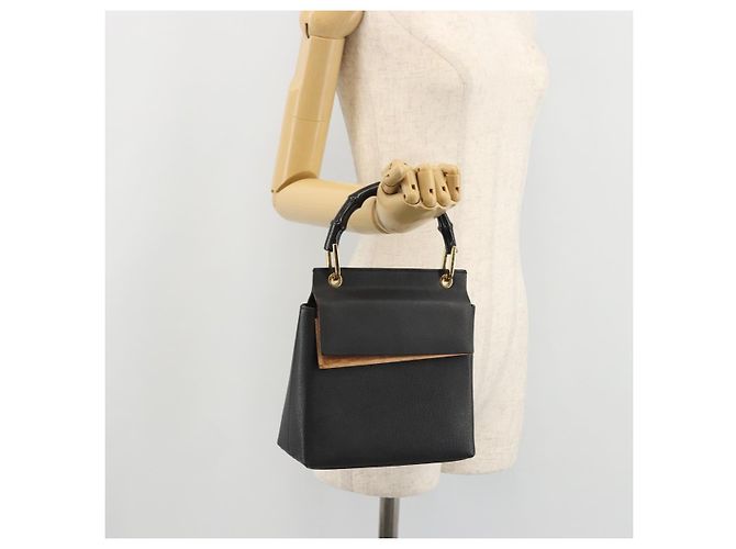Borsa a mano in pelle Gucci Bamboo nera e oro 000 1014 1888 Auth INZ098 Nero D'oro - vista 23