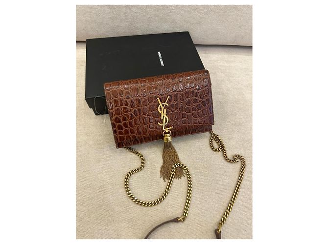 Yves Saint Laurent Saint Laurent Borsa Kate Chain Pelle Pressa Coccodrillo Marrone - vista 2