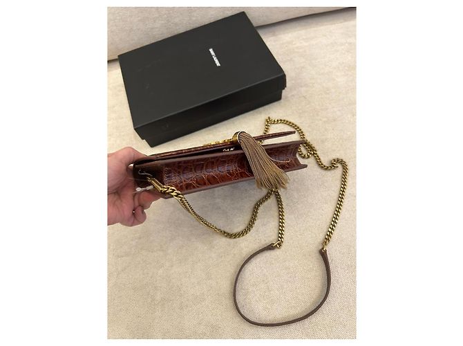Yves Saint Laurent Saint Laurent Borsa Kate Chain Pelle Pressa Coccodrillo Marrone - vista 6