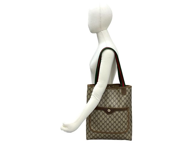 Gucci Vintage Sherry Line GG Logo Ledertasche Braun Rot Grün - Ansicht 2