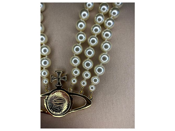 Collana choker Bas Relief a tre file dorata Vivienne Westwood Bianco D'oro - vista 13